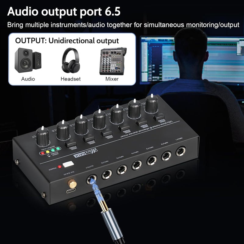 TKLBLS Line Mixer Audio mixer, 6-Channel Stereo Line Mixer, 6.35mm TRS/TS Output and Input Ultra Low Noise Mini Audio Mixer with Mono/Stereo Switch for Sub-Mixing - Image 5